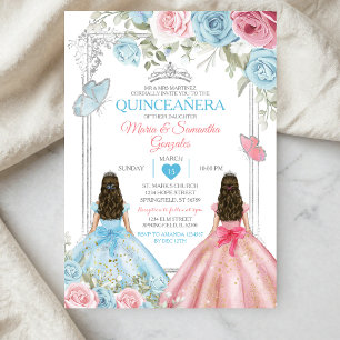 Silbernes Rosa & Pastellblaues Schmetterlings-Quin Einladung