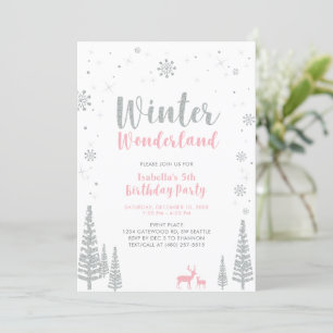 Silbernes, rosa Winter Wonderland Kindergeburtstag Einladung