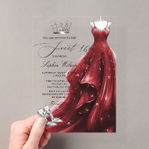 Silbernes rotes Prinzessinnenkleid Sweet 16 Acryleinladungen