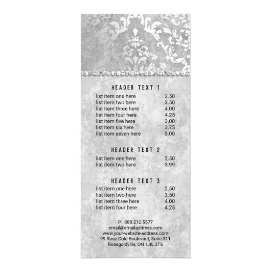 Silbernes Schimmer-Damast-Service-Menü Werbekarte (Vorne)