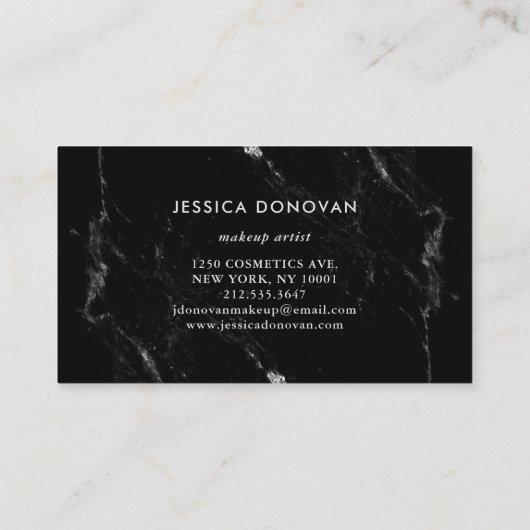 Silbernes Skript auf schwarzem Make-up des Visitenkarte (Rückseite)