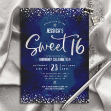 Silbernes Skript Navy Watercolor Sweet 16 Geburtst