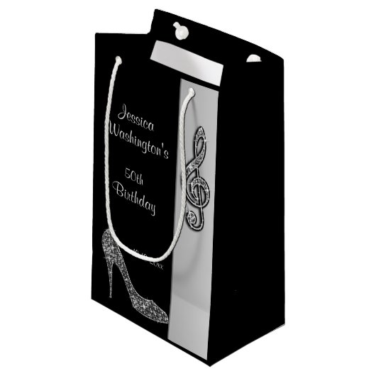 Silbernes Stilett-u. dreifache Spalten-50. Kleine Geschenktüte (Vorderseite Schrägansicht)