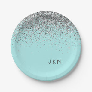 Silbernes Teal Aqua Blau Mädchen Glitter Monogramm Pappteller