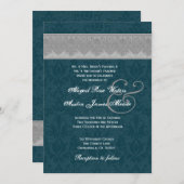 Silbernes und aquamarines Damast-Band-Monogramm, Einladung (Vorne/Hinten)