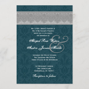 Silbernes und aquamarines Damast-Band-Monogramm, Einladung