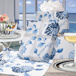 Silbernes und blaues modernes vintage Blumen-Toile Geschenkpapier