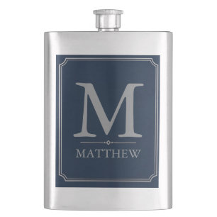 Silbernes und navyblaues Monogramm-Design Flachmann
