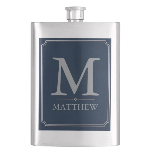 Silbernes und navyblaues Monogramm-Design Flachmann (Vorderseite)