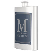 Silbernes und navyblaues Monogramm-Design Flachmann (Links)