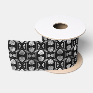 Silbernes und schwarzes florales Art Deco-Muster Satinband