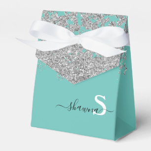 Silbernes und Türkis Monogramm Aqua Blau Glanz Geschenkschachtel