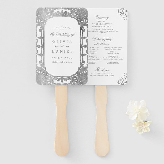 Silbernes verziertes Hochzeitsprogramm Fächer (Vorne und Hinten)
