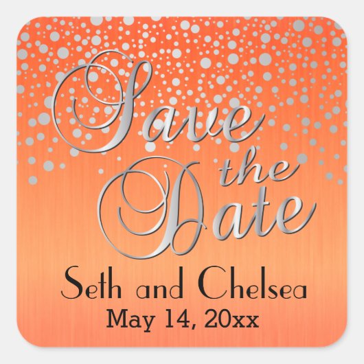 Silberpunkte und Orange | Personalisieren Quadratischer Aufkleber (Vorderseite)