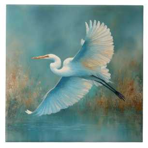 Silberreiher im Flug Aquarell Fliese