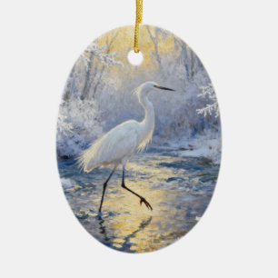 Silberreiher im schneereichen Winter Keramik Ornament