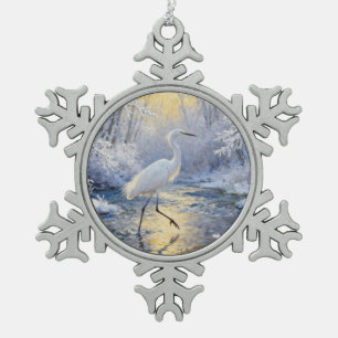 Silberreiher im schneereichen Winter Schneeflocken Zinn-Ornament
