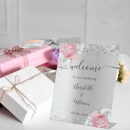 Silberrosa Blume Begrüßungszeichen Sockelschild