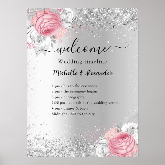 Silberrosa Blume Hochzeitsprogramm Poster (Vorne)
