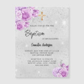 Silberrosa Blume Mädchen Luxus Taufe Magneteinladung (Vorderseite)