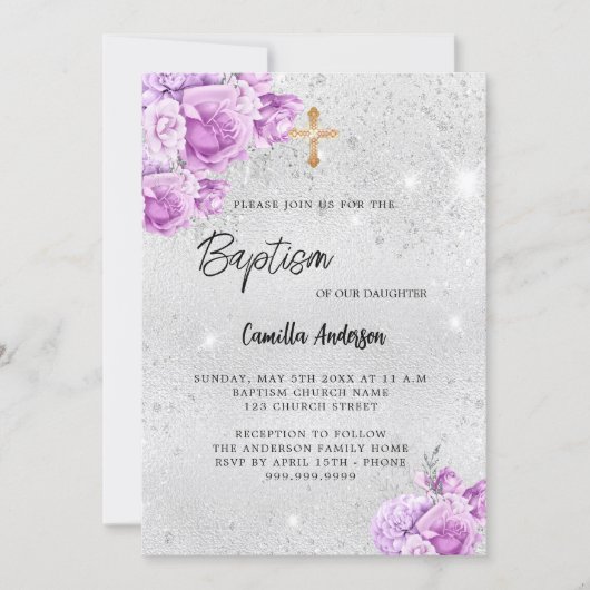 Silberrosa Blume Mädchen Taufe Einladung (Vorderseite)