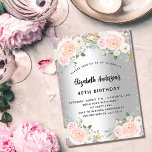 Silberrosa Blume zum Geburtstag Glitzer Einladungspostkarte<br><div class="desc">Eine moderne,  stilvolle und glamouröse 40. (oder jedes Alter) Geburtstagsfeier. Ein silbernes Imitat mit Glitzer aus rosa Imitaten,  Glitzern und Rosa Blumen. Der Name ist mit einem modernen handgeschriebenen Stilskript geschrieben. Personalisieren Sie Ihre Daten und fügen Sie sie hinzu.</div>