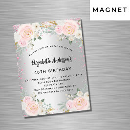 Silberrosa Blume zum Geburtstag Glitzer Luxus Magneteinladung