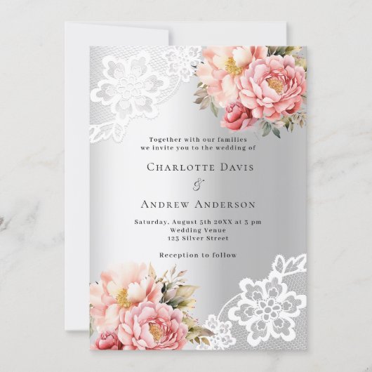Silberrosa Blumen Hochzeit Einladung (Vorderseite)
