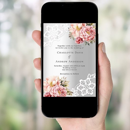 Silberrosa Blumen Hochzeit Einladung