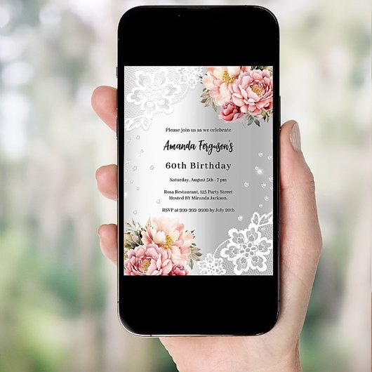 Silberrosa Blumensträuße zum Geburtstag Einladung