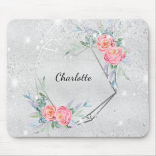 Silberrosa Blüten Glitzer Staubname Mousepad
