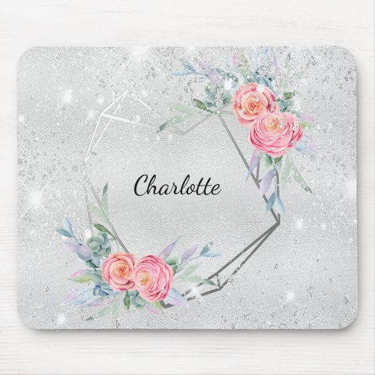 Silberrosa Blüten Glitzer Staubname Mousepad (Vorne)