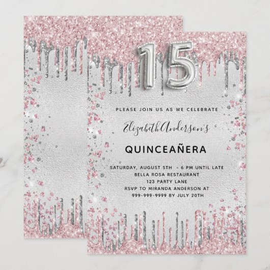 Silberrosa Glitzer Einladung (Vorne/Hinten)