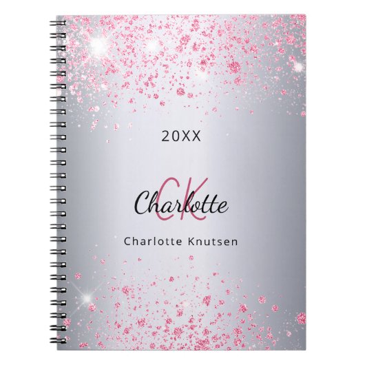 Silberrosa Glitzer-Staubname Monogramm Notizblock (Vorderseite)