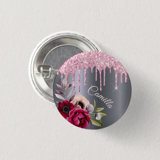 Silberrosa Glitzer Tropfen Blumenmarke Button (Vorne & Hinten)
