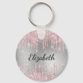 Silberrosa Glitzer Tropfen Metal Monogramm Name Schlüsselanhänger (Vorderseite)
