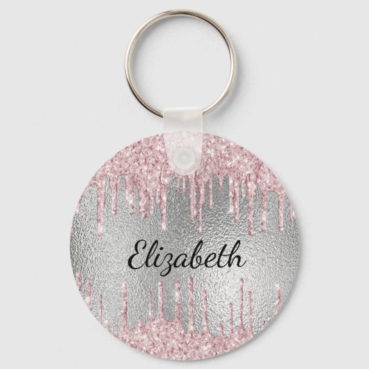 Silberrosa Glitzer Tropfen Metal Monogramm Name Schlüsselanhänger (Rückseite)