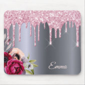 Silberrosa Glitzer Tropfen Metallfloralen Mousepad (Vorne)