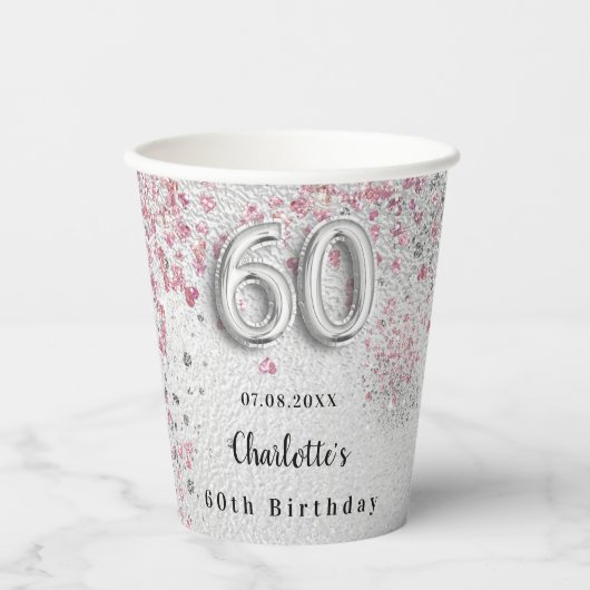 Silberrosa Glitzer zum 60. Geburtstag Pappbecher (Vorderseite)