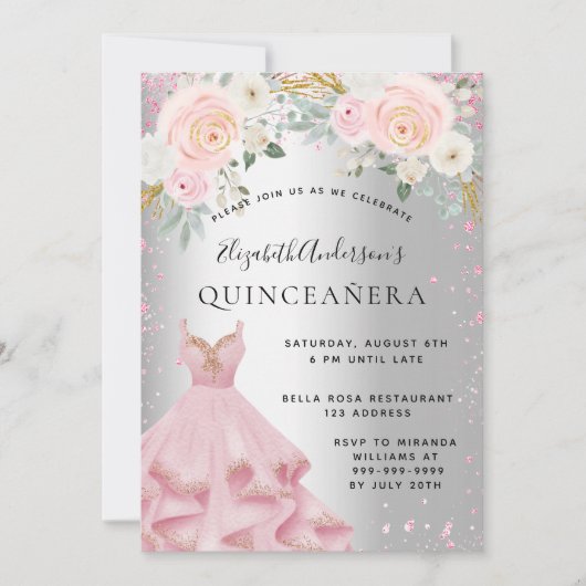 Silberrosa Glitzern aus Quinceanera kleiden glamou Einladung (Vorderseite)