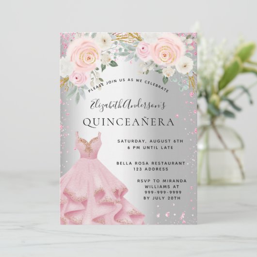 Silberrosa Glitzern aus Quinceanera kleiden glamou Einladung (Stehend Vorderseite)