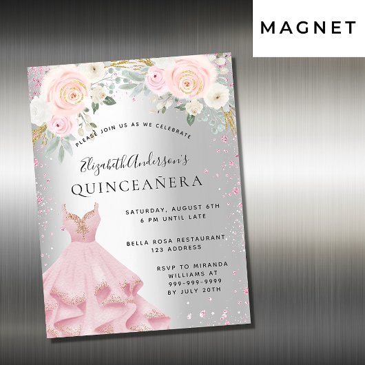 Silberrosa Glitzern aus Quinceanera kleiden Luxus Magneteinladung