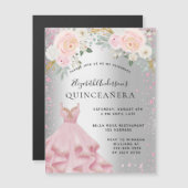 Silberrosa Glitzern aus Quinceanera kleiden Luxus Magneteinladung (Vorne/Hinten)