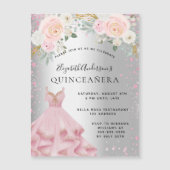 Silberrosa Glitzern aus Quinceanera kleiden Luxus Magneteinladung (Vorderseite)