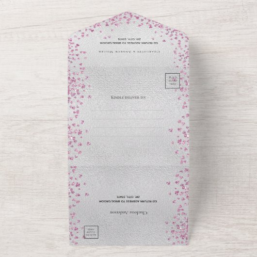 Silberrosa Herzen All In One Einladung (Außenbereich)