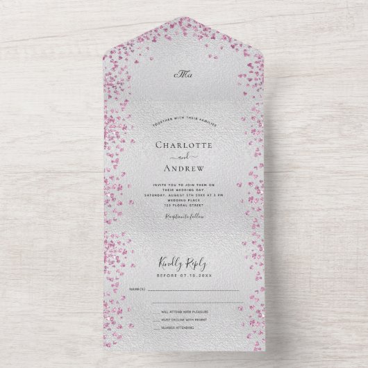 Silberrosa Herzen All In One Einladung (Innen Boden)