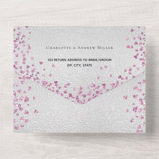 Silberrosa Herzen All In One Einladung (Rückseite)