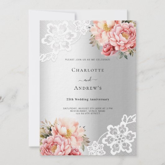 Silberrosa Luxus 25. Hochzeitstag Einladung (Vorderseite)