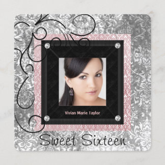 Silberrosa und schwarze Damaske Sweet 16 Einladung