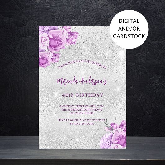 Silberrosa violette Blume Geburtstag Einladung